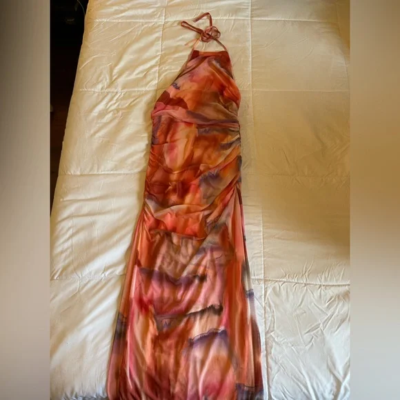 Zara Pink Tie Dye Mesh Halter Ruched Bodycon Midi Dress - Picture 2 of 6